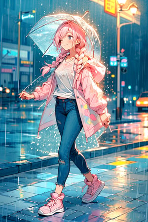 (Simple, light pastel pink and white, walking in the rain:1.3), (anime:1.0), night, intersection
(1woman), smile, (looking away), long hair, double Braids,
(light pink t’raincoat:1.2), (white tanktop),(distressed skinny jean), (pastel pink sneakers):1.2), midjourney, light pastel theme,one eye closed, smile