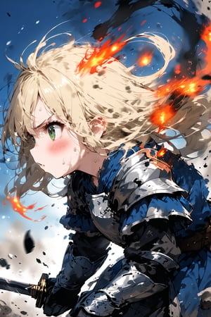 //quality, masterpiece:1.4, detailed:1.4,best quality:1.4,//,1girl,(solo),knight,loli,//,(blonde hair),long hair, messy hair, (green eyes),//,white armor, cracked armor, broken armor,leather belt,gauntlets,thigh,//, dirty,dirt,dirty face, injured,wounded face,sweaty,angry,blush,serious,looking away,mouth open,//,((hands holding sword that the blade is has burning flame)),light particles, arm up,battle,running stance,//,motion blur,blurry background,motion line,motion effect,close up portrait,profile,(from side),leaning forward,blue sky,smoke surrounding the girl,((no humans background)),smoke background, medieval, simple background,flying debris,blue vfx,full vfx,ink,smoke,blue ink smoke,ink smoke background,ink paint