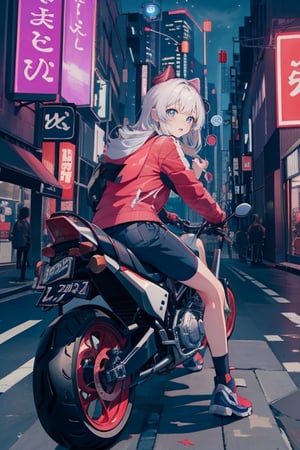 Anime female teen, 19 years old, riding motorcycle in the midnight hours in the city of tokyo,sangonomiya kokomi (sparkling coralbone)