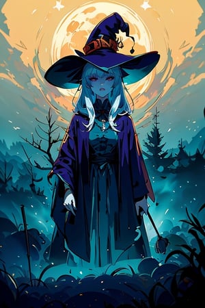 masterpiece, best quality, high_res, 16K, HDR, RTX, ((best quality)), ((masterpiece)), High quality design vector style image, t-shirt print style, graphic art white background of a Halloween style witch, tree, forest, magic, old style witch with a pointy hat, nose with a wart and a black cat at her side, fantasy style scenery halloween,ksaqua,ink,guweiz style,Witch