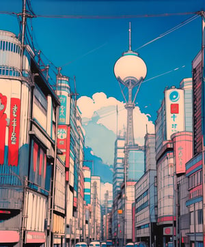 masterpiece:1.2, best quality:1.2, 8k raw, (anime:1.0), illustration, highly detailed, (color ink painting by Moebius, Katsuya Terada, Jeffrey Catherine Jones), Osaka's Shinsekai District,Tsutenkaku Tower, Osaka, 1girl,ghibli style,yoimiyadef,ink