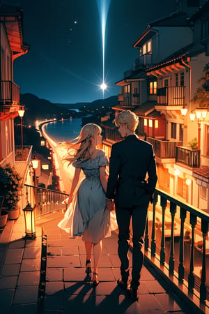 date night, at a balcony of a fancy restaurant, dim candle lights, night view of a coastal village, endless sea, dark sky, cute girl with blonde hair at the balcony, cleavage, classy outfit, cute hair, delighted to see viewer, walking towards her, couple