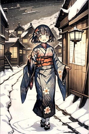 kawaii woman in a floral kimono, smile, happy face, beautiful face, shinsui ito, old japanese village, snow, midnight, masterpiece, best_quality, 8k raw, high_resolution, detailed_bg