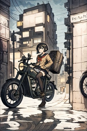 masterpiece, best quality, 1girl, solo, jacket, hand in pocket, school uniform, serafuku, thighhighs, school bag, black hair, black eyes, cyberpunk, street, machinery, motor vehicle, motorcycle, panorama, helmet, speed line, motion blur, depth of field, perspective, panorama, riding, floating hair, night, neon trim
INFO
