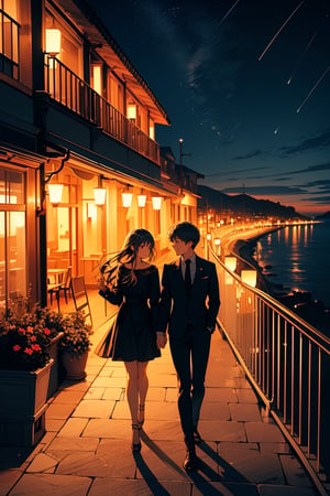 date night, at a balcony of a fancy restaurant, dim candle lights, night view of a coastal village, endless sea, dark sky, cute girl at the balcony, classy outfit, cute hair, delighted to see viewer, walking towards her, couple