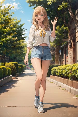 (masterpiece:1.1), (highest quality:1.1), (HDR:1.0), 1girl, perfect body, laugh, open mouth, (wearing white button_shirt with yellow tie), cut off denim shorts:0.5, sneakers, attractive, stylish, designer, black, asymmetrical, waterfront walkway, SAM YANG, Female, hmnc1, High detailed, full leg tattoos:1.5,retrobigguns