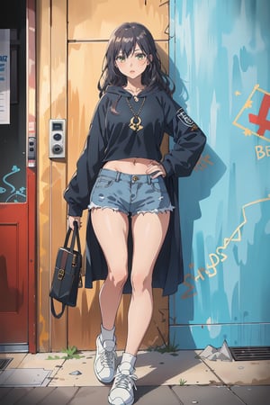 (masterpiece:1.1), (highest quality:1.1), (HDR:1.0), 1girl, perfect body, red cropped hoodie:0.5, cut off denim shorts:0.5, sneakers, attractive, stylish, tick gold chain necklace:0.5, designer, black, asymmetrical, graffiti, street art, ruanyi0220,SAM YANG, hmnc1, BJ_Violent_graffit, High detailed, full leg tattoos:1.5,nodf_lora