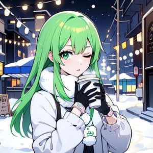 a very pretty anime girl, outdoor market background, night, 1girl, light green eyes, solo, snow, pastel green hair, gloves, hot coffee, winter, bangs, long sleeves, looking at viewer, breath, hanging lights, yuzu, masterpiece, best quality, 8k, kawaii, asethetic,omatsuri,one eye closed