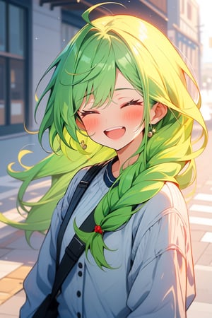 1girl, solo, closed eyes, open mouth, smile, light green hair, light blush, bangs, facing viewer, casual clothing, messy_fishtail hair,, :d, ^_^, teeth, 8k raw, soft line, cowboy_shot, masterpiece:1.2, best quality:1.2,animeniji