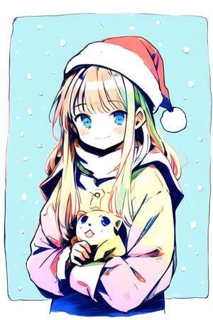 1girl, adorable, santa costume, santa hat, snow, pastel moe, moe artstyle, soft coloring, happy aesthetic, masterpiece, best quality:1.2, 8k,animeniji,watercolor