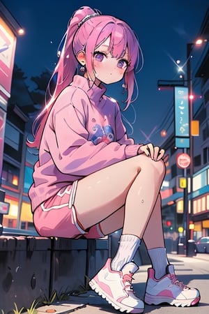 (masterpiece, highest quality, dusk:1.3), anime-style young girl poses on city sidewalks in purple sweater and pink hair, 1girl, solo, sweater, white footwear, sitting, shoes, long hair, shorts, jewelry, socks, earrings, pink shorts, ponytail, looking at viewer, blush, night, long sleeves, sneakers, purple eyes,glitter