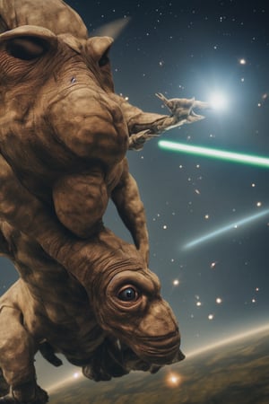 a close up of a goblin in outer space, alluring, aesthetic, thoughtful pose, depth of field, best quality, masterpiece, star wars, fighting, outer_space