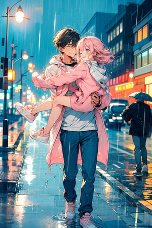 (Simple, light pastel pink and white, walking in the rain:1.3), (anime:1.0), night, intersection
(1man and 1woman), man carrying woman on his back, man wear long sleeve shirt and trouser, smile, (looking away), long hair, woman double Braids,
(light pink woman wear raincoat:1.2), (white tanktop),(distressed skinny jean), (pastel pink sneakers):1.2), midjourney, light pastel theme,one eye closed, smile