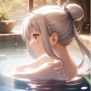 "Create a stunning piece of art featuring an anime girl with long, shimmering silver hair, bathing underwater in a body of water, 1girl, solo, onsen, partially submerged, This artwork should showcase a high level of detail, realistic shading, and stable diffusion techniques to create a dreamy and enchanting atmosphere. The character's facial expression and posture should convey a sense of wonder and serenity, while the entire composition should be in full color, 16k, highres, masterpiece, back view, looking over shoulder, LOFI,spotlight