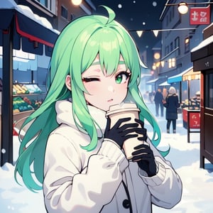 a very pretty anime girl, outdoor market background, night, 1girl, light green eyes, solo, snow, pastel green hair, gloves, hot coffee, winter, bangs, long sleeves, looking at viewer, breath, hanging lights, yuzu, masterpiece, best quality, 8k, kawaii, asethetic,omatsuri,one eye closed