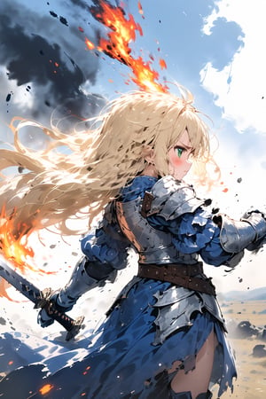 //quality, masterpiece:1.4, detailed:1.4,best quality:1.4,//,1girl,(solo),knight,loli,//,(blonde hair),long hair, messy hair, (green eyes),//,white armor, cracked armor, broken armor,leather belt,gauntlets,thigh,//, dirty,dirt,dirty face, injured,wounded face,sweaty,angry,blush,serious,looking away,mouth open,//,((hands holding sword that the blade is has burning flame)),light particles, arm up,battle,running stance,//,motion blur,blurry background,motion line,motion effect,close up portrait,profile,(from side),leaning forward,blue sky,smoke surrounding the girl,((no humans background)),smoke background, medieval, simple background,flying debris,blue vfx,full vfx,ink,smoke,blue ink smoke,ink smoke background,ink paint