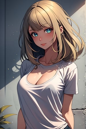 favre,Masterpiece,best quality,flat colors,illustration,2d,,medium hair, blonde and pink hair, makeup,portrait,cleavage,rim light,nsfw,illustration,fashion,1girl,cleavage,sexy,shirt tug, white tshirt