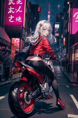 Anime female teen, 19 years old, riding motorcycle in the midnight hours in the city of tokyo,sangonomiya kokomi (sparkling coralbone)