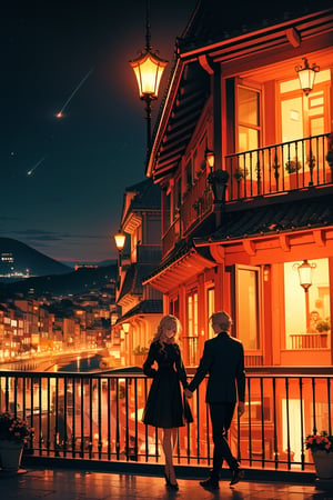 date night, at a balcony of a fancy restaurant, dim candle lights, night view of a coastal village, endless sea, dark sky, cute girl with blonde hair at the balcony, cleavage, classy outfit, cute hair, delighted to see viewer, walking towards her, couple