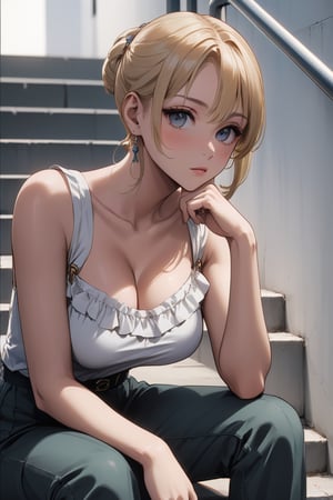 a close up of a woman sitting on a step with a hand on her chin, beautiful girl, attractive pose, beautiful model, casual pose, seductive, attractive anime girl, beautiful anime photo, alluring, aesthetic, thoughtful pose, depth of field, best quality, masterpiece, blonde hair,