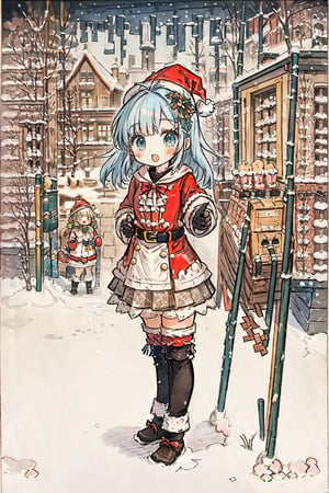 1girl, adorable, santa costume, santa hat, snow, pastel moe, moe artstyle, soft coloring, happy aesthetic, masterpiece, best quality:1.2, 8k