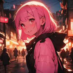 1woman and 1man playing_game, parted lips, blush, makeup, light smile, glow, trench coat, narrow waist, (masterpiece, best quality), fall_(season), falling leaves, neon colors, wallpaper, cityscape, bokeh, details background, ambient lighting, pink hair, low angle view, wide angle view, backview, looking_over_shoulder,Cyberpunk,breakdomain,SAM YANG