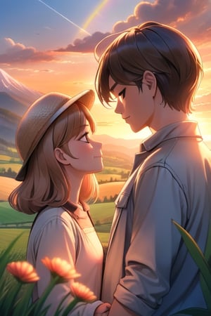 masterpiece,best quality,landscape, 2 people, (1boy, 1girl), close_up shot, couple_(romantic), first love, hat, farm, sunset, lens flare, mountain, clouds,lineart