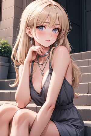 a close up of a woman sitting on a step with a hand on her chin, beautiful girl, attractive pose, silver necklace, beautiful model, casual pose, seductive, attractive anime girl, beautiful anime photo, alluring, aesthetic, thoughtful pose, bokeh, best quality, masterpiece, long blonde hair,make_3d, 8k,lofi, pov_eye_contact