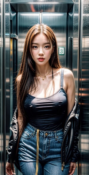 Realistic, young girl, (masterpiece 1.2), (ultra Max high quality 1.2), (high_resolution 4k), (high detailed face), child_and_mother, proportionate breasts, collarbone, huge thighs, kpop idol, natural pose, innocent, balanced, symmetrical, in an elevator, wearing formal apparel, white shirt, black jeans, purple tie