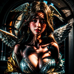 moon goddess, upper body, HD, 8K, HDR, breathtakingly beautiful, light on face, angel, angel wings, dynamic lighting