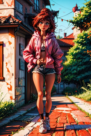 sfw, oil paint, (masterpiece, best quality, ultra-detailed, 8K), (picture-perfect face), blush, half red hair half purple, (perfect female body), petite, slim, goddess, charming, alluring, seductive, enchanting, makeup, fantasy, perfecteyes, pink hoodie, full body hoodie, perfecteyes
