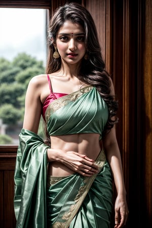 Hot Indian model, dark skinned, sky green satin saree,