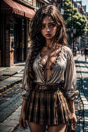 RAW photo, (a photo of 20y.o. english woman:1.3), begger girl, torn and tattered dress, (abs:1.1), (gigantic breasts:1.0), dim lit,  (high detailed skin, detailed eyes:1.5), 8k uhd, dslr, soft lighting, intricate details, best quality, film grain, Fujifilm XT3, analog style, instagram, tik tok, (skinny:1.2), (nerd style:1.2), medium hair, braided hair, (curly hair:1.1), (brown hair:1.1), (oily hair:0.8), (eyeliner:1.1), , (in road:1.2), (tired face:1.2), (surprised eyes:1.2), (wearing shirt and skirt)