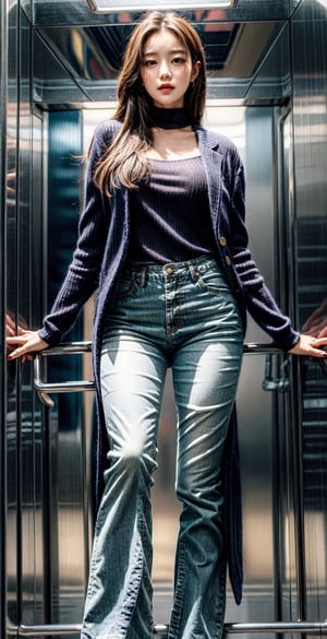 Realistic, young girl, (masterpiece 1.2), (ultra Max high quality 1.2), (high_resolution 4k), (high detailed face), child_and_mother, proportionate breasts, collarbone, huge thighs, kpop idol, natural pose, innocent, balanced, symmetrical, in an elevator, wearing formal apparel, white buttoned shirt, black jeans, purple tie