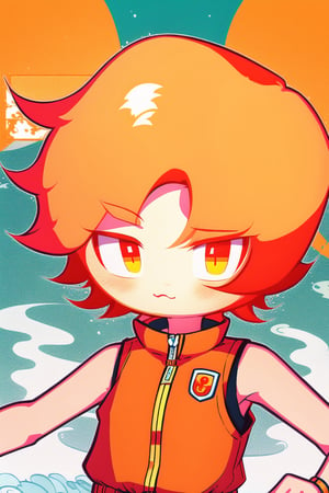 ((Spot Color)), 1boy, Tawny hair, short fluffy hair, Tawny eyes, :3, Tawny sleeveless jacket, running, sea, upper body,chibi,truechibi