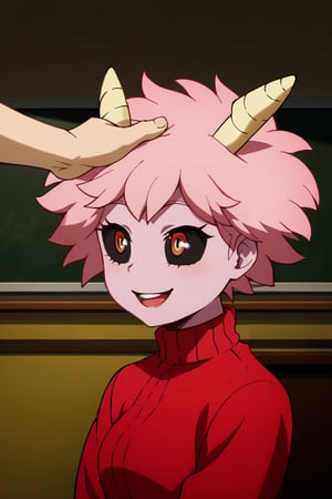 uncensored,score_9, score_8_up, score_7_up, score_6_up, score_5_up, score_4_up, BREAK source_anime, anime screencap,masterpiece, best quality, perfect scenery, perfect lighting

ashidomina, short hair, horns, (colored sclera:1.1), (black sclera:1.2), pink skin,  (style of Konesuba), ((style of One Pokemon)), Carrot hair, Carrot eyes, happy, Carrot striped turtleneck, standing with headpat, classroom, upper body