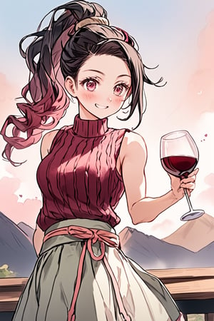 (style of Genshin Impact), ((style of Gurity Gear)), Wine hair, wavy long ponytail, Wine eyes, Happy, Wine sleeveless sweater, lifting skirt with hand, mountaintop, upper body,kamado nezuko