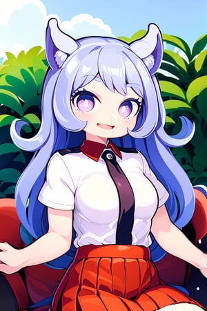 Nejire Hado, 1girl, Periwinkle hair color, outdoors,  intricate,  beautiful,  highly detailed,  artstation,  concept art,  smooth,  1girl,  smile,  open mouth,  looking at viewer, CHICHIBUKURO, , , (style of One-Punch Man), ((style of Danganronpa)), Parmesean hair, Parmesean eyes, tounge out, Parmesean duit, sitting on a sofa, dessert, upper body