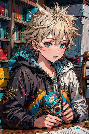  (style of Konesuba), ((style of Gurity Gear)), Bronze hair, Bronze eyes, Bawl, Bronze striped hoodie, lying facedown, library, upper body,1boy