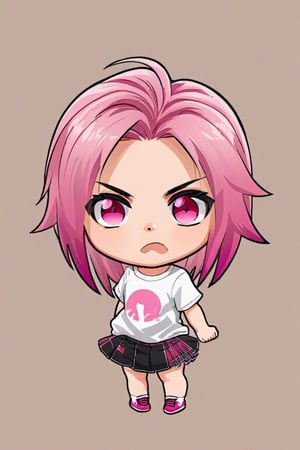 ((best quality)), ((masterpiece)), ((best quality)),  ((highres)), ((high quality)), 1girl, pink streaked hair, pink hair, pink eyes, angry, pink shirt, standing, ((Chibi)), ((baby face)),Chibi,Chibi Style,detailmaster2