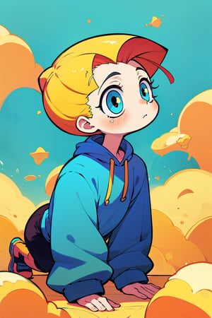 High quality, best quality, 1boy, Buttermilk hair, (Slick Back:1.3), Buttermilk eyes, (Tilting head back and Gazing upwards:1.5) Buttermilk hoodie, (All Fours:1.3), street, upper body,Chibi,Color Booster,(best quality, masterpiece)