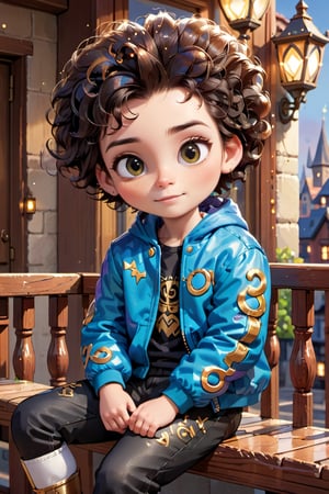 glitter, high_resolution, detailed, portrait, shiny skin, multicolor, ,disney pixar style, {{{masterpiece}}}, {{{best quality}}}, {{ultra-detailed}}, {beautiful detailed eyes}, ((style of Genshin Impact)), 1boy, Sable hair, afro, Sable eyes, happy, sitting, on side, balcony with city view, upper body, Sable jacket,baby