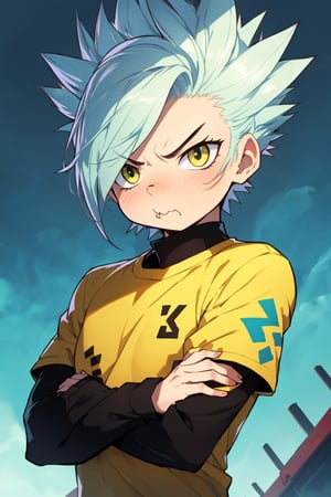 High quality, best quality, 1boy, Chartreuse hair, (Spiky:1.3), Chartreuse eyes, (Pouting and crossing arms:1.5) Chartreuse t-shirt, (Hand Wave:1.3), sun, upper body,Chibi,Color Booster,(best quality, masterpiece)