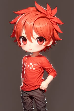1boy, Red hair, buzz cut, Red eyes, happy, Red shirt, standing, upper body ,Chibi