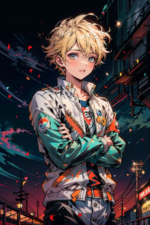  (style of Konesuba), ((style of Neon Genesis)), Apricot hair, Apricot eyes, Blush, Apricot striped jacket, standing with crossed arms, cityscape, upper body,1boy, Blonde hair, Red eyes, Short hair