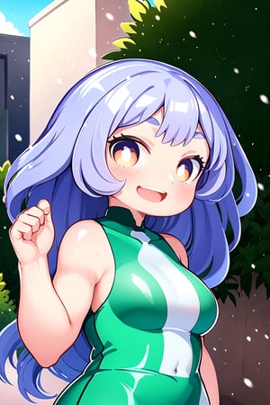 Nejire Hado, 1girl, Periwinkle hair color, outdoors,  intricate,  beautiful,  highly detailed,  artstation,  concept art,  smooth,  1girl,  smile,  open mouth,  looking at viewer, CHICHIBUKURO, , , (style of One-Punch Man), ((style of Fate)), Hazelnut hair, Hazelnut eyes, nose blush, Hazelnut dress, jumping, snow, upper body