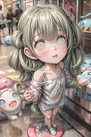  (masterpiece, best quality), 1girl, lime hair, long side swept, lime eyes, sad, lime off-shoulder shirt, standing, street,chibi,SPIRALWASH EYES