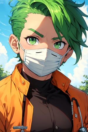 High quality, best quality, 1boy, green hair, (Comb-over:1.3), green eyes, (Face with medical mask:1.5) green jacket, (Jumping), sun, upper body,Chibi,Color Booster,(best quality, masterpiece)