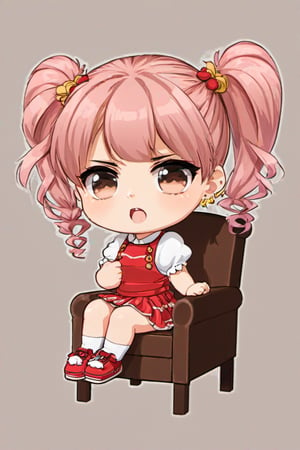 ((best quality)), ((masterpiece)), ((best quality)),  ((highres)), ((high quality)), 1girl, Punch hair, twintails, Punch eyes, angry, blush, Punch dress, sitting on a chair, ((Chibi)), ((baby face)),Chibi,Chibi Style,detailmaster2