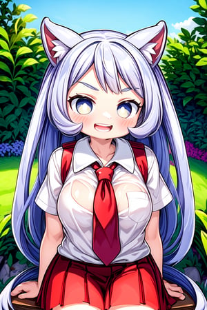 Nejire Hado,  1girl,  school_uniforec,  Periwinkle hair color,  white shirt,  school uniform,  outdoors,  intricate,  beautiful,  highly detailed,  artstation,  concept art,  smooth,  1girl,  smile,  open mouth,  looking at viewer,  red tie,  blush,  u.a. school uniform,  , CHICHIBUKURO, , , (style of One Piece), ((style of Pokemon)), Oyster hair, Oyster eyes, pout, Oyster shirt, sitting on a chair, garden, upper body